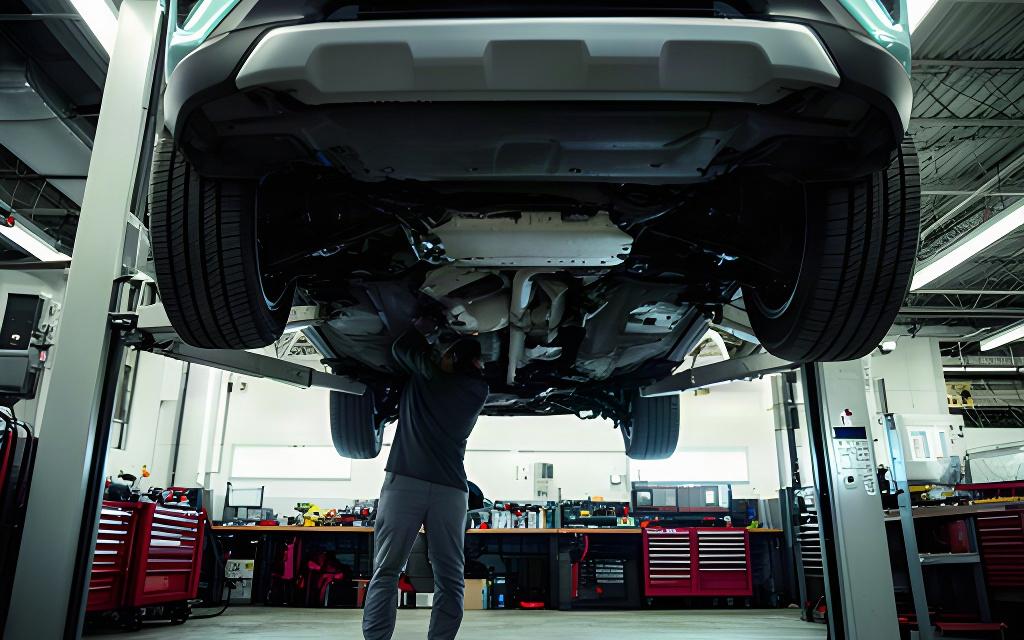 SUV raised on a hydraulic lift while a technician checks the underside in the repair centre