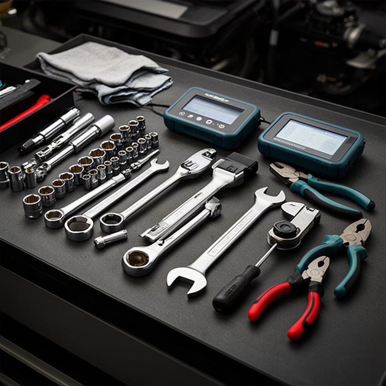 Organized mechanic tools and diagnostic equipment on a clean workshop bench
