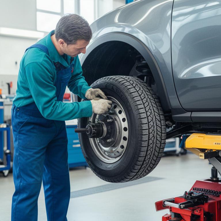Mechanic fitting a winter tire in the Port Coquitlam workshop during seasonal service