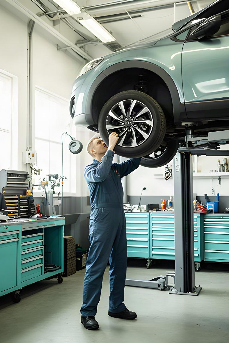 Mechanic inspecting a vehicle on a lift inside a bright Port Coquitlam service bay