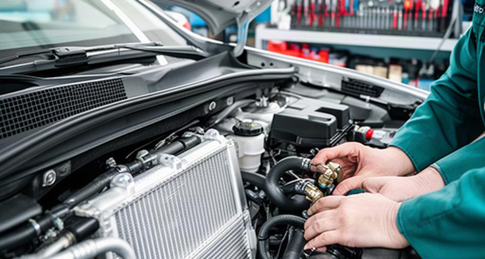 Technician checking a vehicle cooling system and radiator connections in a repair bay