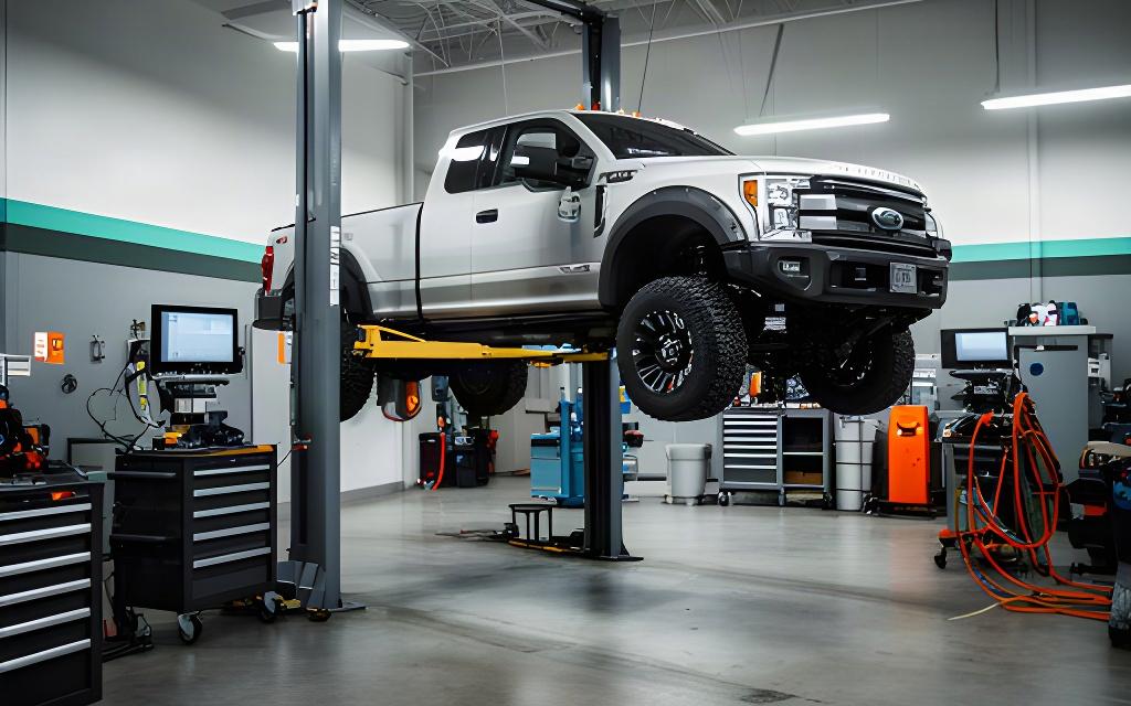 Work truck on a vehicle lift with tools and diagnostic equipment in a professional workshop