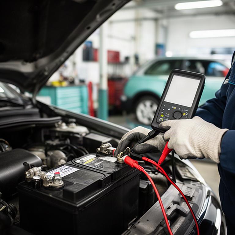 Automotive technician testing a car battery with a handheld meter beside a service vehicle
