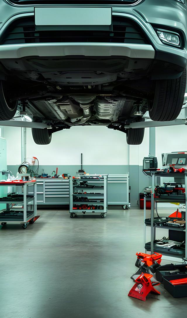 Vehicle lifted in a professional repair bay with inspection tools arranged nearby