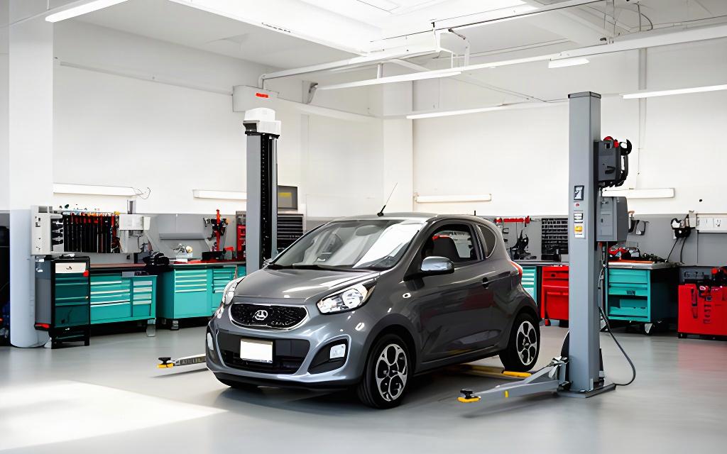 Clean automotive service bay with a compact car ready for scheduled maintenance