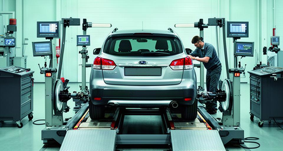 Vehicle positioned on an alignment rack for suspension and steering checks