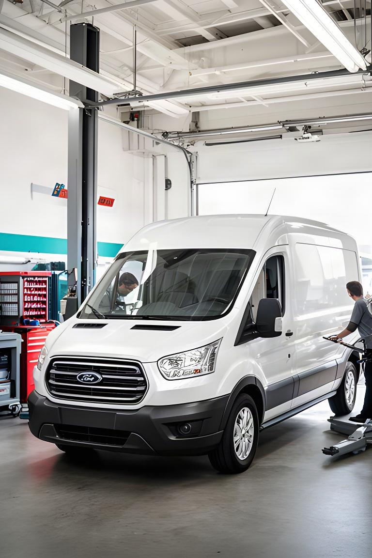 White commercial delivery van being inspected inside a bright automotive service bay