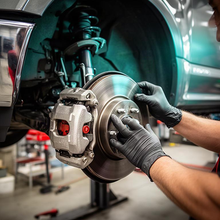 Mechanic examining front brakes on a pickup truck during a commercial inspection