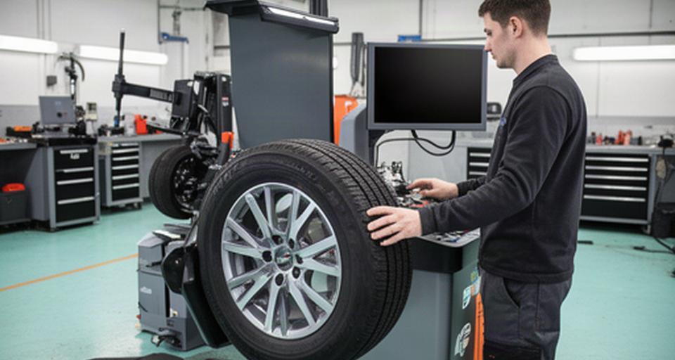 Technician balancing a commercial vehicle wheel with a modern tire service machine