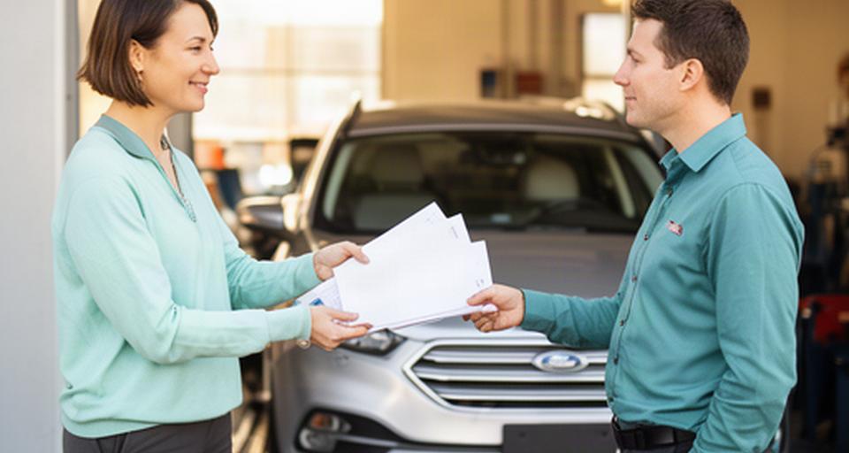 Customer receiving vehicle service information beside a completed car at the workshop entrance