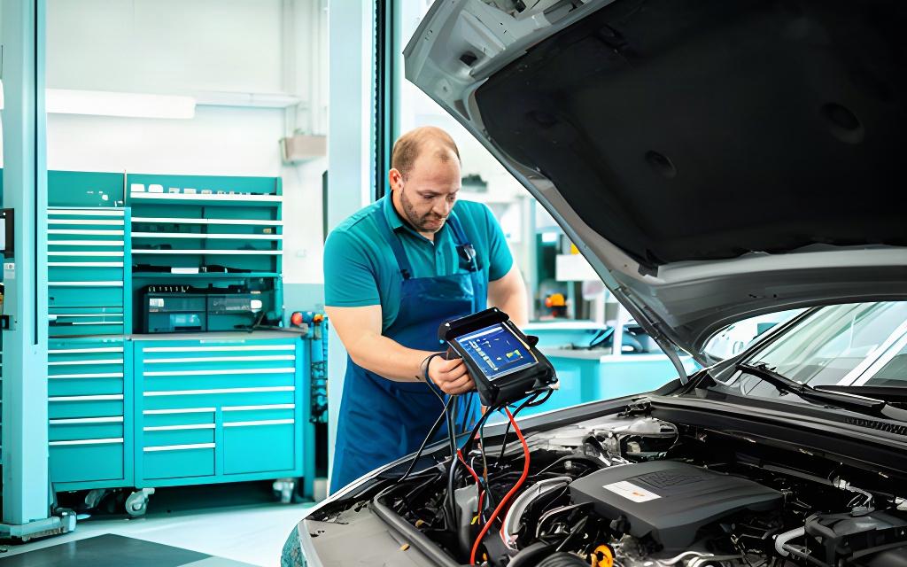 Mechanic connecting diagnostic equipment to an engine in a tidy automotive service bay