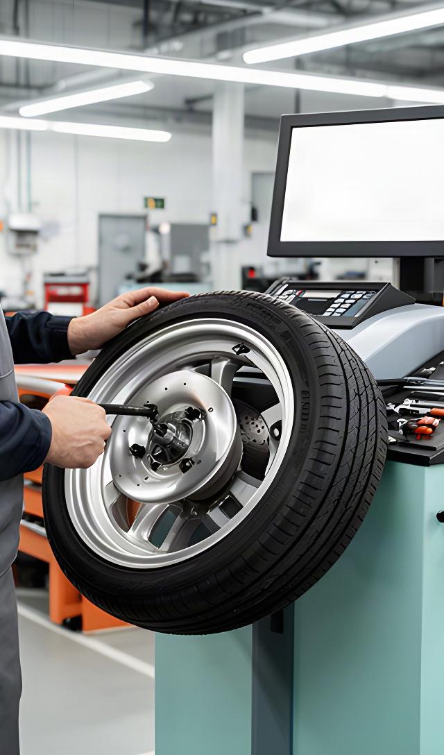 Technician balancing a vehicle wheel on workshop equipment under bright service bay lighting