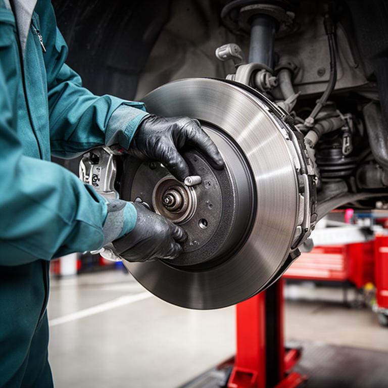 Close view of a mechanic fitting new brake components beside a service bay