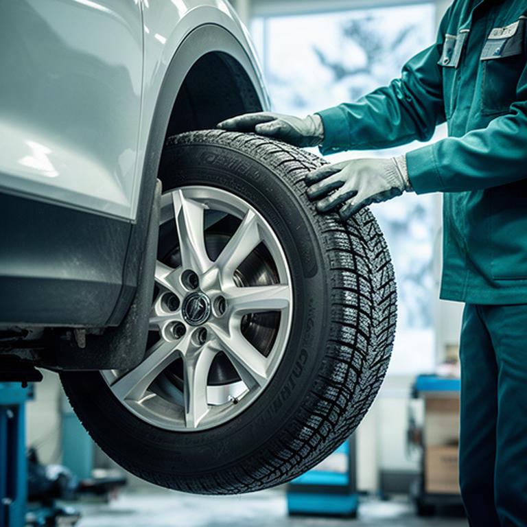Winter tires being installed on a family vehicle at an automotive workshop