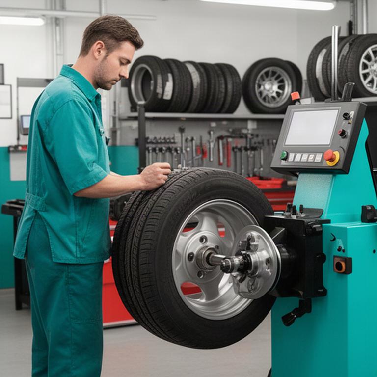 Technician balancing a vehicle wheel on professional tire service equipment