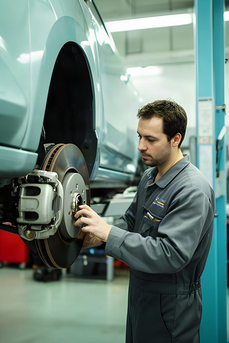 Automotive technician inspecting a vehicle wheel inside a bright Port Coquitlam workshop
