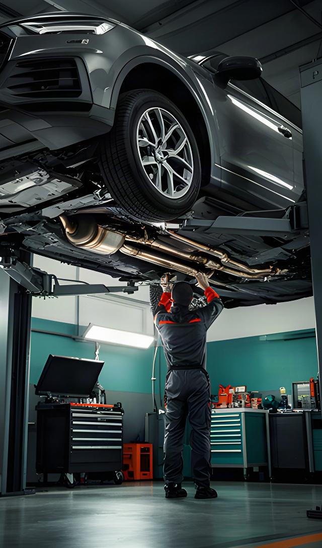 Commercial SUV raised on a hoist while a technician checks suspension and exhaust components