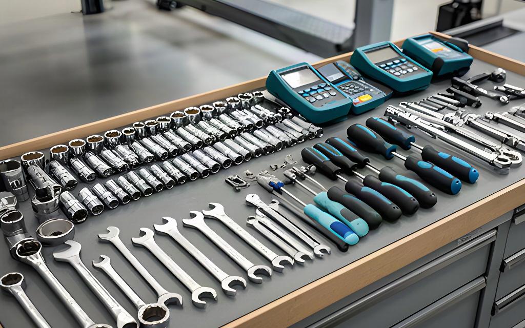Organised automotive tools arranged on a workbench beside a vehicle inspection bay