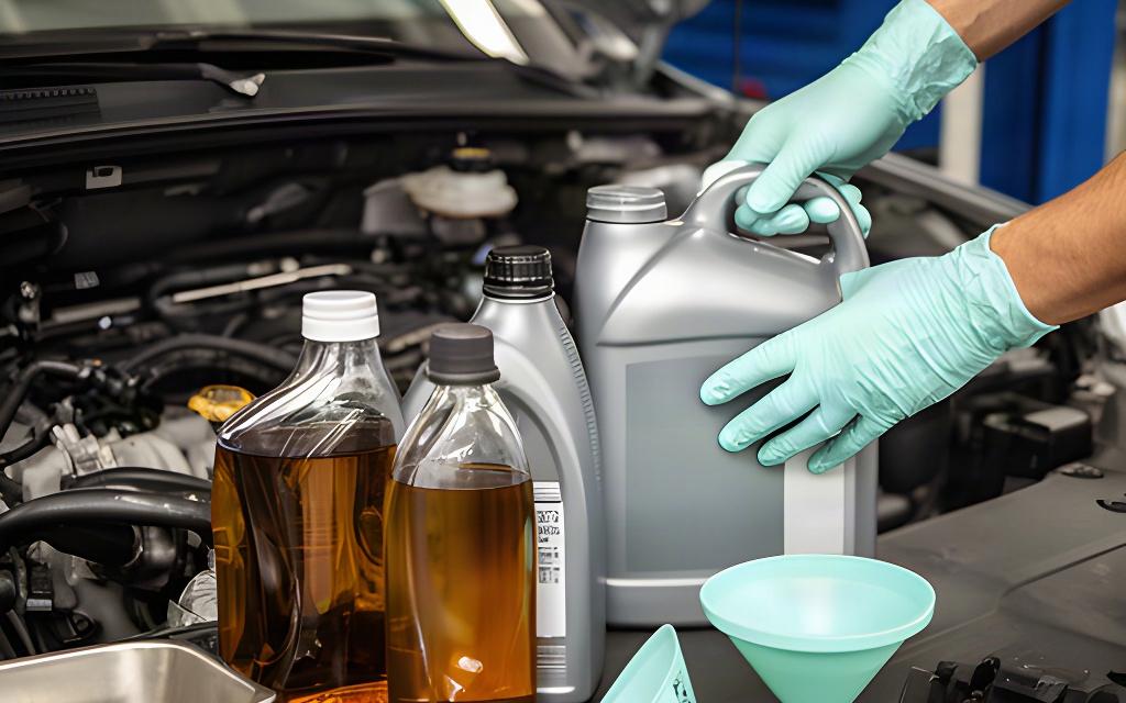 Fresh engine oil being prepared during a scheduled vehicle maintenance service
