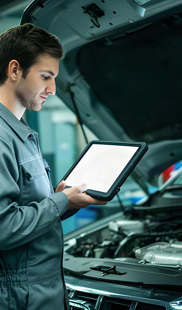 Automotive technician reviewing a diagnostic tablet beside an open vehicle bonnet
