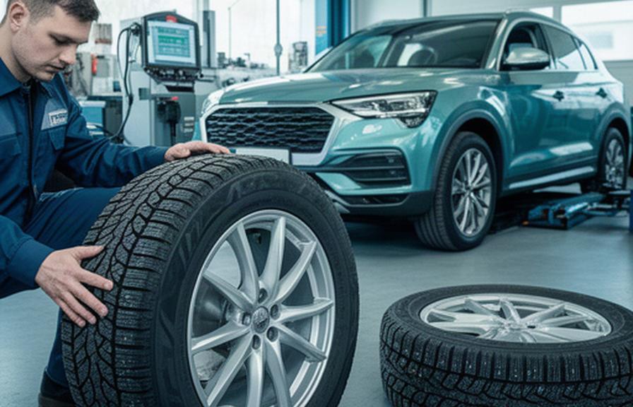 Winter tires being checked beside a customer SUV during seasonal service