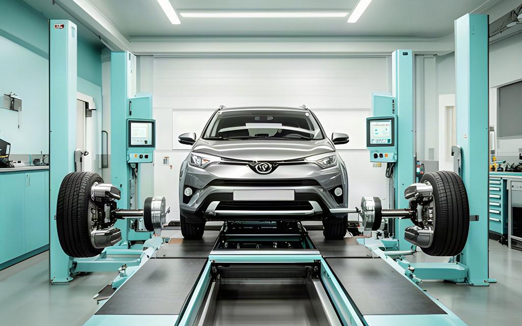 Vehicle positioned on a wheel alignment rack with measurement equipment in a modern garage