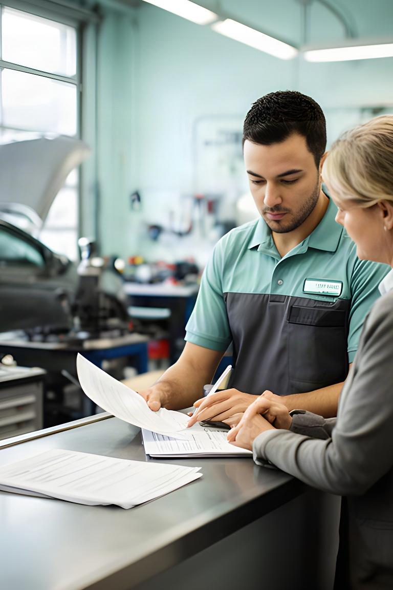 Service adviser reviewing vehicle details at an automotive repair counter