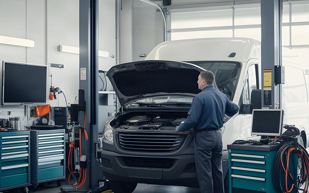 Automotive technician checking a work fleet vehicle beside a service lift