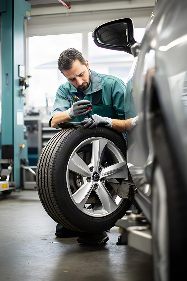Automotive technician inspecting a vehicle wheel in a bright Port Coquitlam workshop