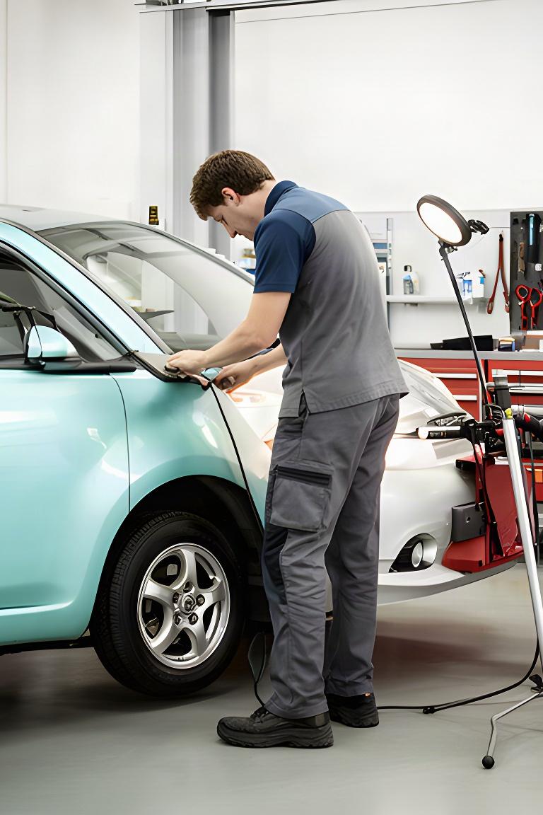 Technician completing a safety inspection on a compact vehicle in a clean service bay
