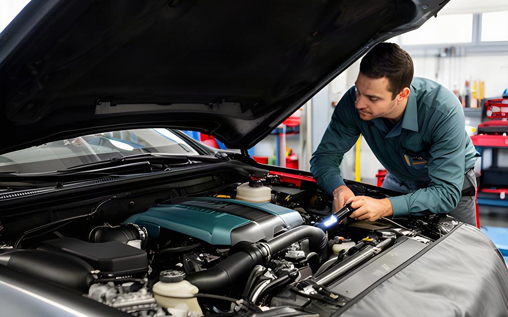 Open vehicle bonnet with an automotive technician examining the engine compartment
