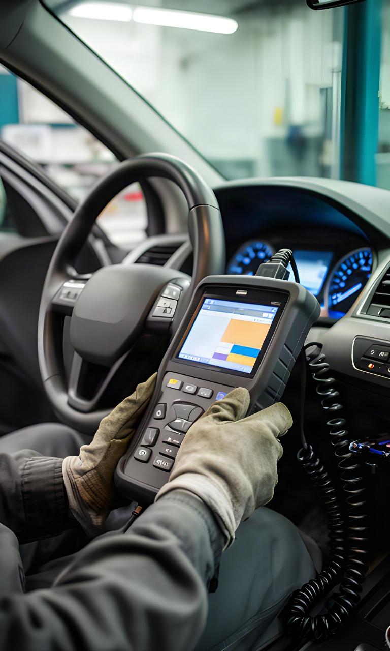 Technician using a diagnostic scanner inside a vehicle at an automotive workshop
